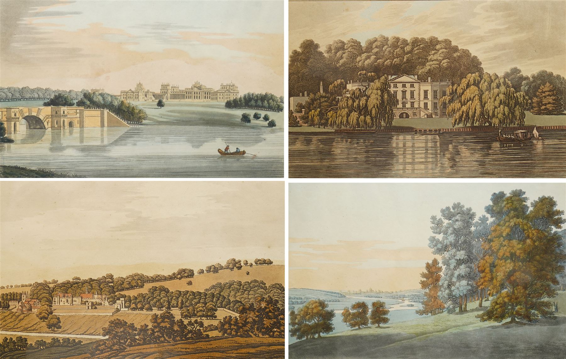 Joseph Constantine Stadler (British 1755-1828) after Joseph Farington RA (British 1747-1821): 'Blenheim', 'Petworth', 'Pope's House', and 'View from Nuneham', set of four late 18th century aquatint engravings with hand-colouring pub. 1793, 22cm x 33cm (4)