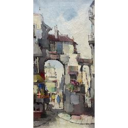 Paul Romier (French 1919-?): Archway in Paris, oil on canvas signed 60cm x 29cm 