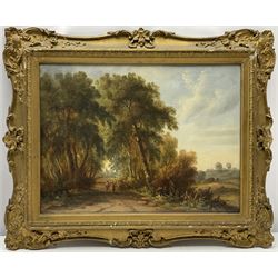 John Westall (British fl.1873-1893): Figures on Wooded Tracks, pair of oils on canvas one signed 29cm x 39cm (2)