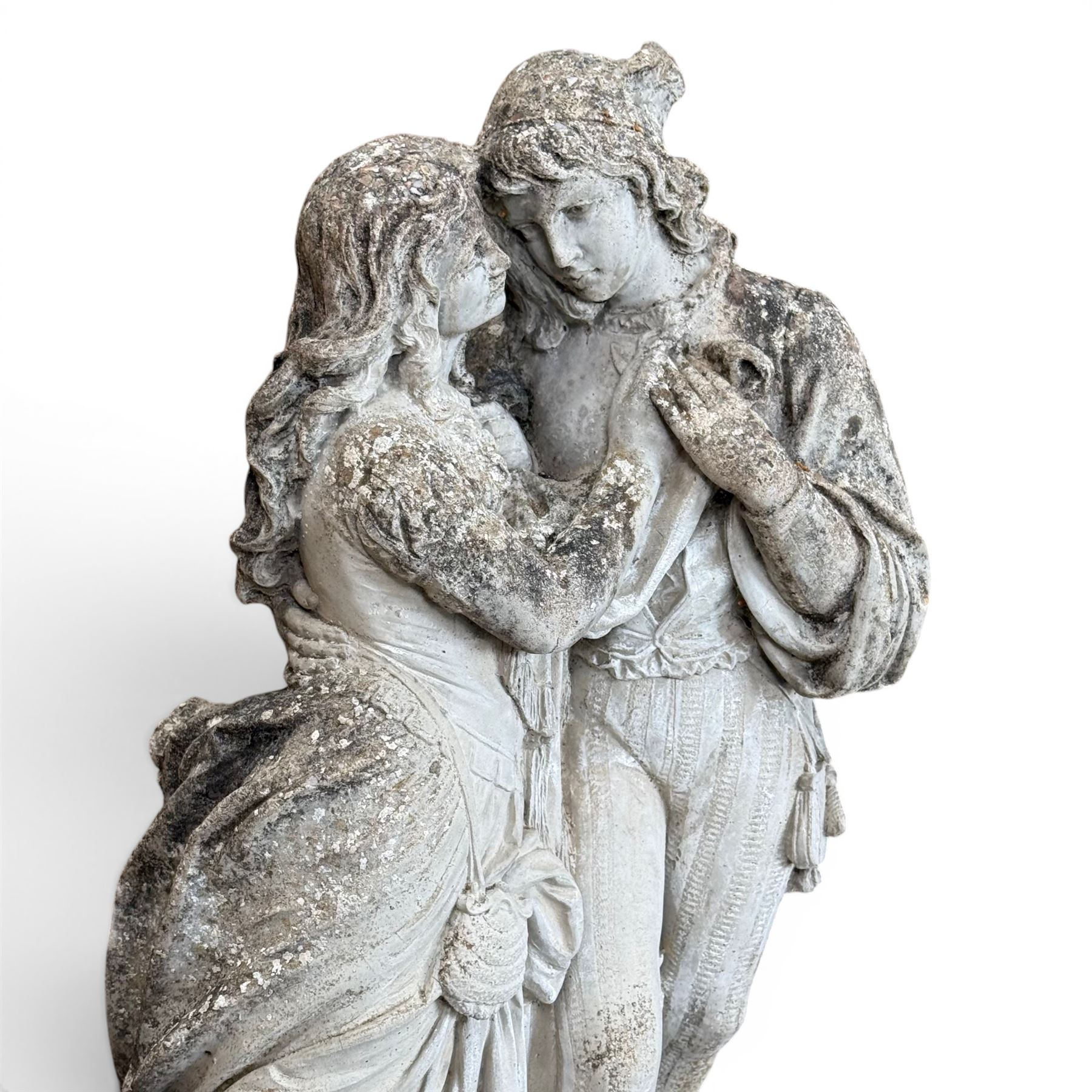 Romeo & Juliet ornate cast stone garden figure, raised on square plinth base