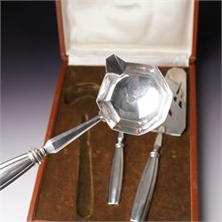 Scandinavian white metal three piece serving set comprising pastry slice, sauce ladle and sifting spoon with fluted handles, cased
