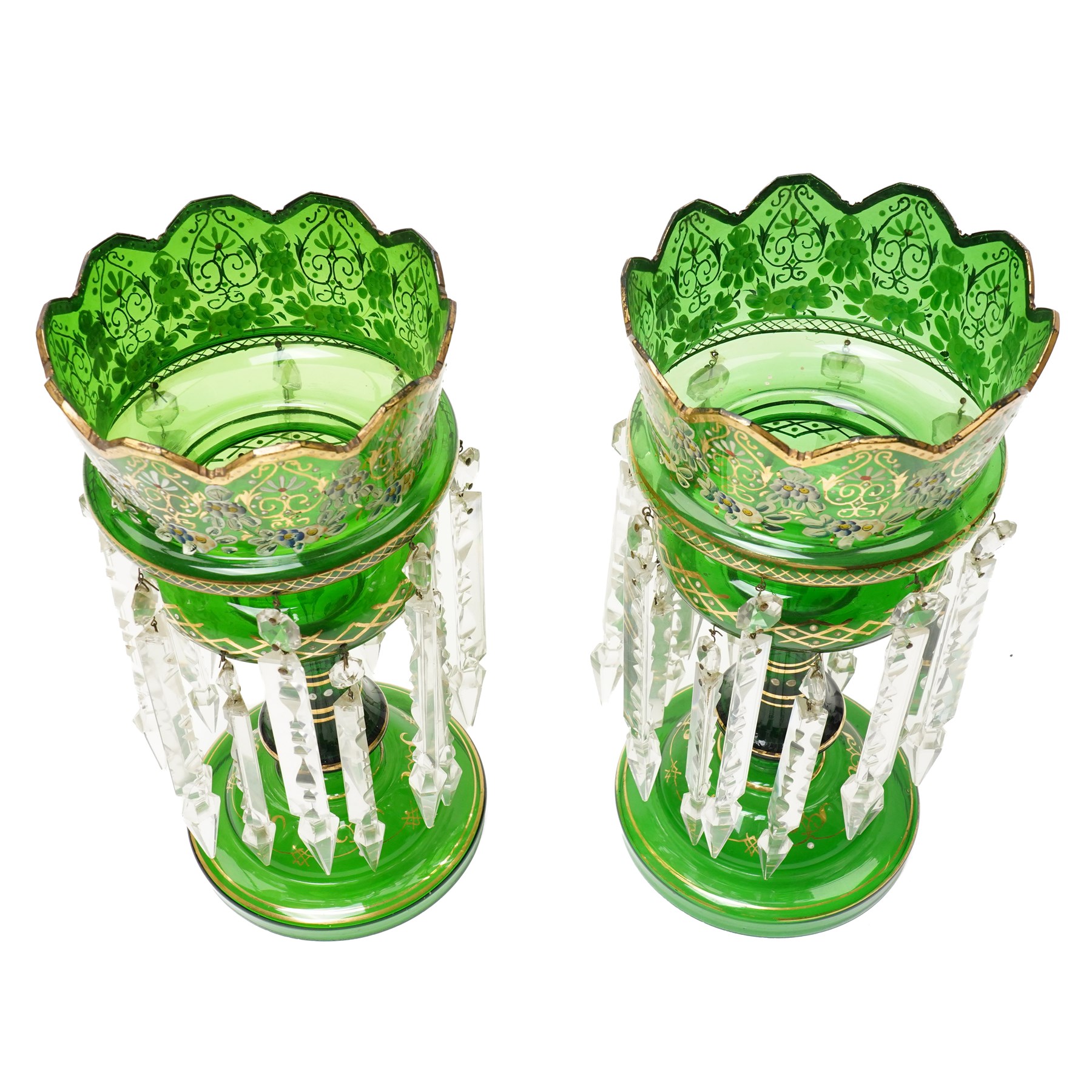 Pair of Victorian green glass mantle vases decorated with flowers in gilt and hung with spear cut lustre drops, H35cm (2)