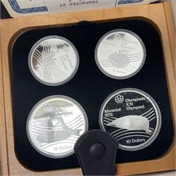Six Queen Elizabeth II The Royal Canadian Mint silver proof four coin sets, to commemorate the 1976 Montreal Olympic Games, each set containing two five dollar coins and two ten dollar coin with Queen's head obverse and designs to the reverse relating to the Olympic Games, all in the original display cases and outer card boxes with certificates