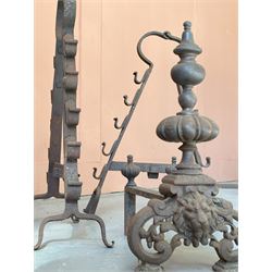 Pair of Dutch cast iron fire dogs with lion mask motif (H42cm) together with a 19th century wrought iron spit rack (H60cm)  - COLLECTION BY APPOINTMENT FROM: The White House, Thirsk Road, Easingwold, York, YO61 3NF - CALL 01723 507111 TO ARRANGE