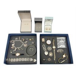 9ct gold jewellery including two pairs of pearl earrings, Roamer gold wristwatch, on gold bracelet, two other gold cased wristwatches and a collection of silver jewellery