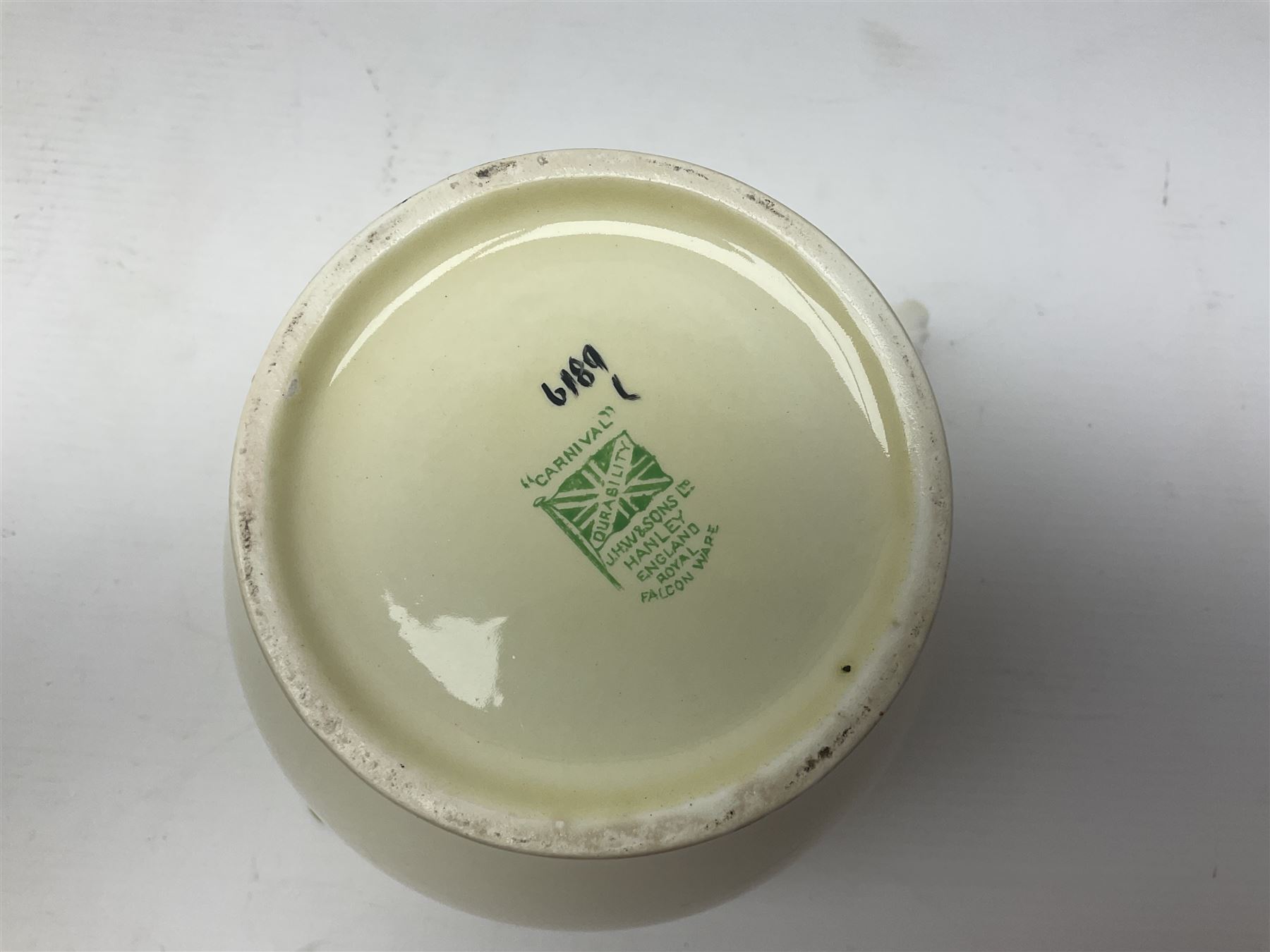 Collection of 1930s ceramics, comprising Shorter & Son jug with bird handle, set of three J.H.W & Sons graduating jugs, Clarice Cliff My Garden pattern vase and Celtic Harvest pattern cake plate and a Burleigh Ware sandwich plate set, bird jug H21cm