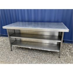 Stainless steel double sided preparation table with two tiers  - THIS LOT IS TO BE COLLECTED BY APPOINTMENT FROM DUGGLEBY STORAGE, GREAT HILL, EASTFIELD, SCARBOROUGH, YO11 3TX