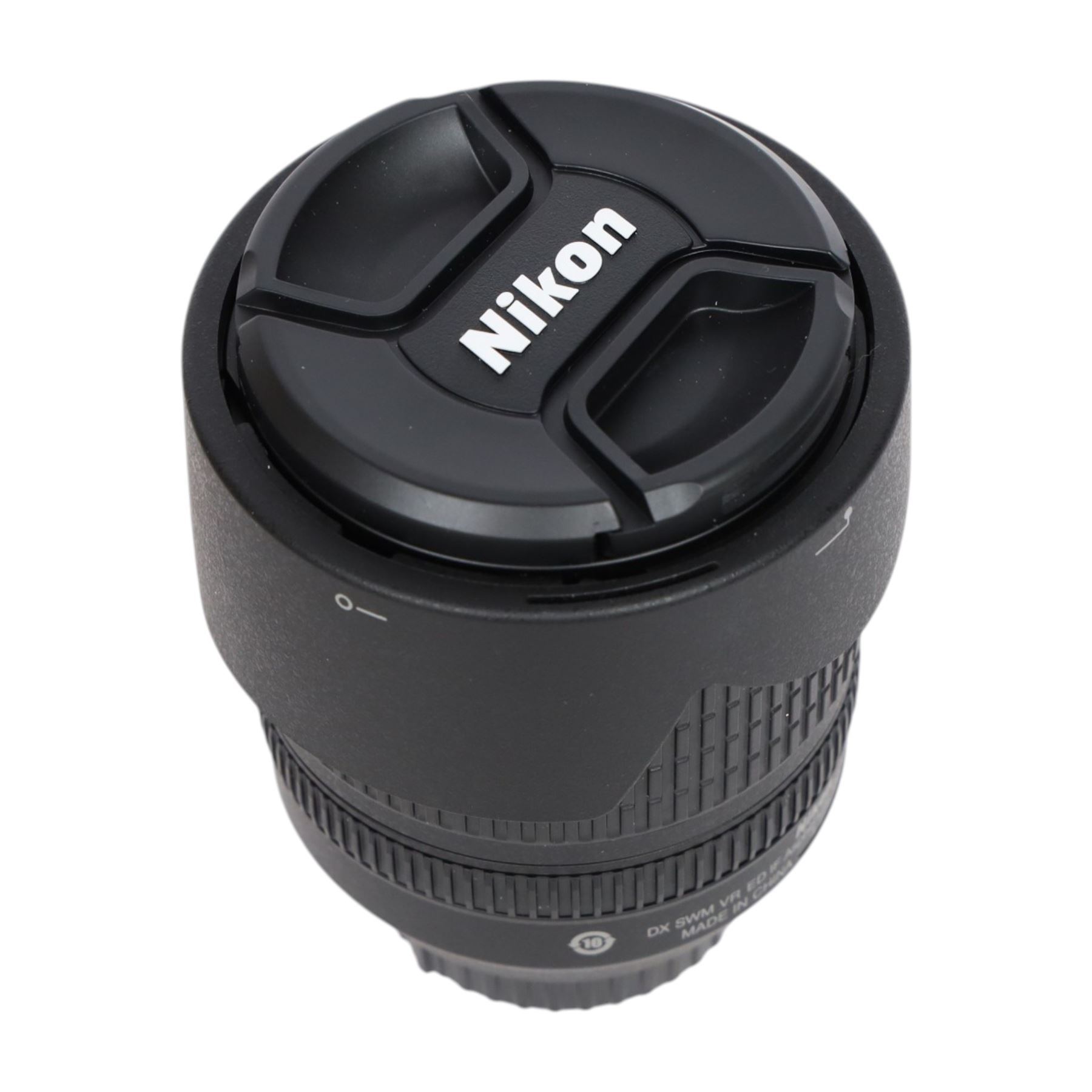 Nikon DX VR AF-S Nikkor 18-105mm 1:3.56.6G ED camera lens, serial no. 42718987, with both lens caps and soft pouch