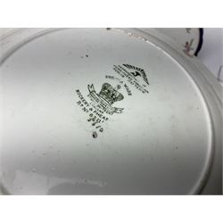 Royal Crown Derby Brocade pattern jug and sugar bowl, together with a similar gilt floral pattern bowl, three graduating Staffordshire style pearlware cottage jugs, Leeds Pottery model cottage and other ceramics and glassware, etc