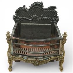 20th century Rococo style fire basket, cast iron back plate with pierced and scroll moulde...