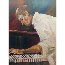 Jill Coughlan (British Contemporary): The Pianist, oil on board signed 75cm x 55cm