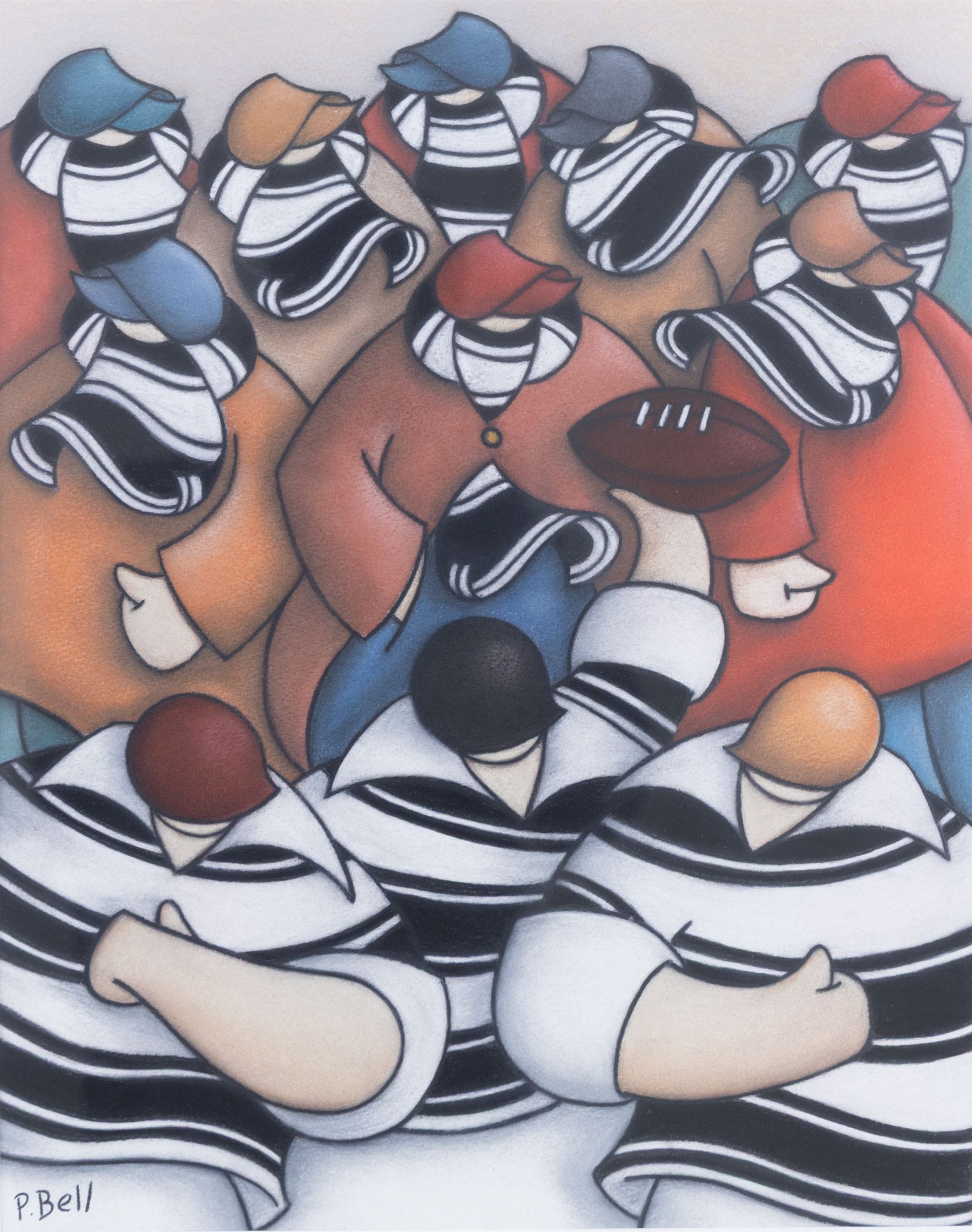 Peter Bell (Hull Contemporary): Rugby Players and Crowd, pastel signed 48cm x 37cm 