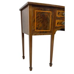 Georgian design mahogany and satinwood banded bow-front sideboard, fitted with two drawers and flanking cupboards, on square tapering supports with spade feet 