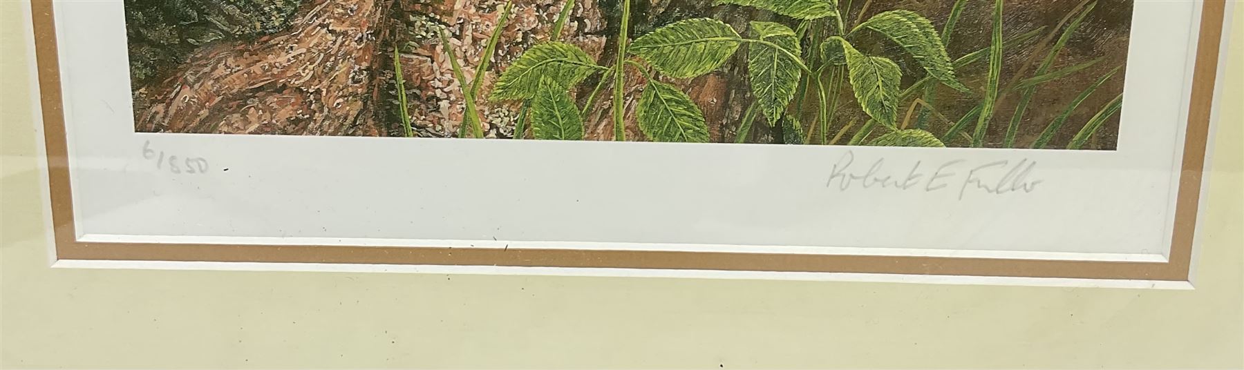 Robert E Fuller (British 1972-): Red Fox on Tree Stump, limited edition colour print signed and numbered 6/850 in pencil 30cm x 22cm