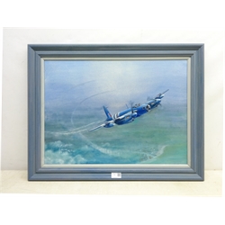  Colin Verity RSMA (British 1924-2011): 'De Havilland Mosquito Mk.34' aeroplane in flight, oil on board signed, titled and inscribed verso 42cm x 58cm  DDS - Artist's resale rights may apply to this lot  