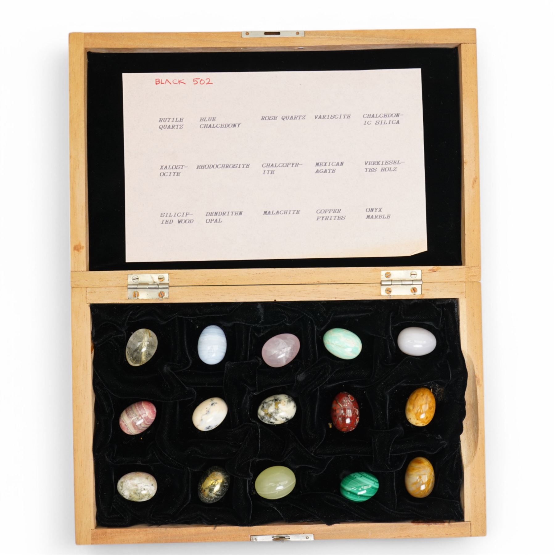 Collection of approx ninety named semi precious stone eggs in five Dunhill cigar boxes 