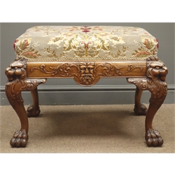 20th century Chippendale style mahogany rectangular stool, upholstered top, scroll and mask relief carved frieze on Lions mask head and acanthus carved cabriole legs with hairy paw feet, L72cm,  D54cm, H49cm  