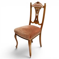 Acornman -Set of four early 19th century mahogany dining chairs and two matching chairs by Alan 'Acornman' Grainger, shaped cresting rail with upholstered top above a pierced splat back, overstuffed pink velvet seat, raised on cabriole supports, two with signature carved acorn, by the workshop of Alan Grainger of Brandsby
