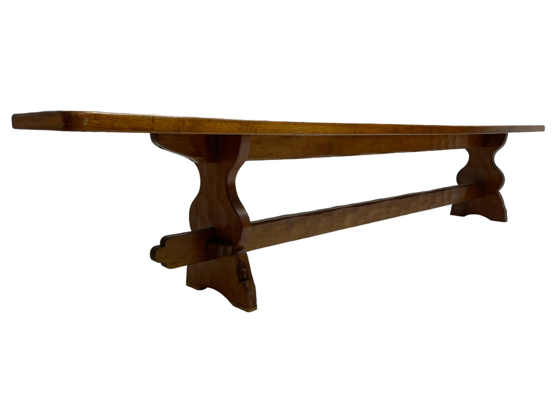 Gnomeman - adzed oak narrow bench, rectangular seat on shaped end supports united by pegged stretcher, carved with gnome signature, by Thomas Whittaker, Little Beck 