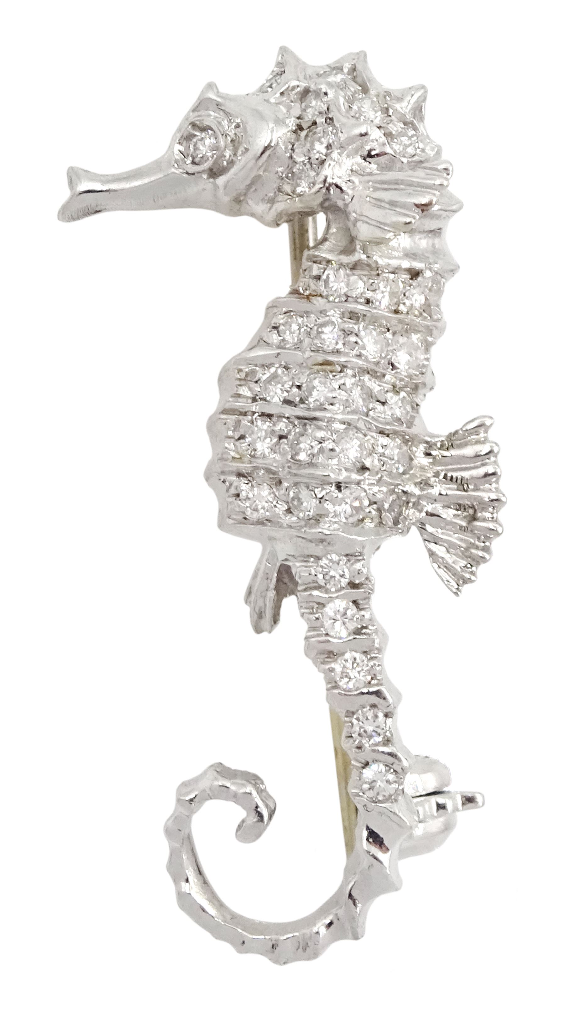 18ct white gold round brilliant cut diamond seahorse brooch by Mozafarian, London import marks 1989