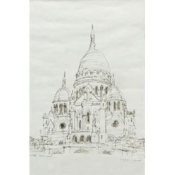 Stephen Wiltshire (British 1974-): 'Sacre Coeur' Paris, pen and ink sketch signed titled and dated October 1988, personalised dedication verso 29cm x 19cm 
Notes: Wiltshire is a renowned autistic savant who can produce detailed architectural drawings from memory after viewing a scene just once. He has been compared to the character of Raymond Babbitt in the 1988 film Rain Man, which the artist considers one of his favourite films; coincidentally, the present picture was drawn by Stephen in the same year, when he was aged just fourteen. The following year, he appeared on the cover of You magazine with actor Dustin Hoffman, who portrayed Babbitt. In 2006, he was awarded an MBE and opened a permanent gallery on the Royal Opera Arcade in London.