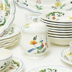 Gien France faience tea and dinner service in the 'Oiseaux de Paradis' pattern comprising six dinner plates, eight dessert plates, eight soup bowls, four cups, six saucers, oval plate, milk jug and sugar bowl and cover