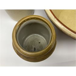 Terracotta bread proving bowl, together with three stoneware jars, tallest H26.5cm