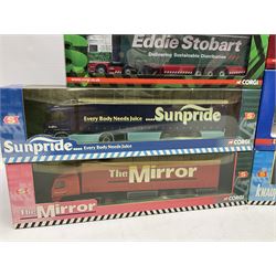 Corgi Eddie Stobart - Hauliers of Renown CC19904 Curtainside Trailer; two limited edition Scania R Curtainside CP18110 & CP18111; Roadscene CC18106 Scania R Curtainside; and three customer livery lorries CC86603  Sunpride, CC86604 Knauf and CC86702 The Mirror; all boxed (7)