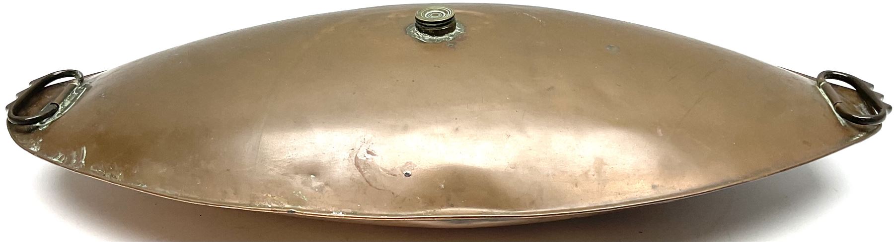 Victorian copper carriage foot warmer of flattened oval form with two carrying handles, L70cm