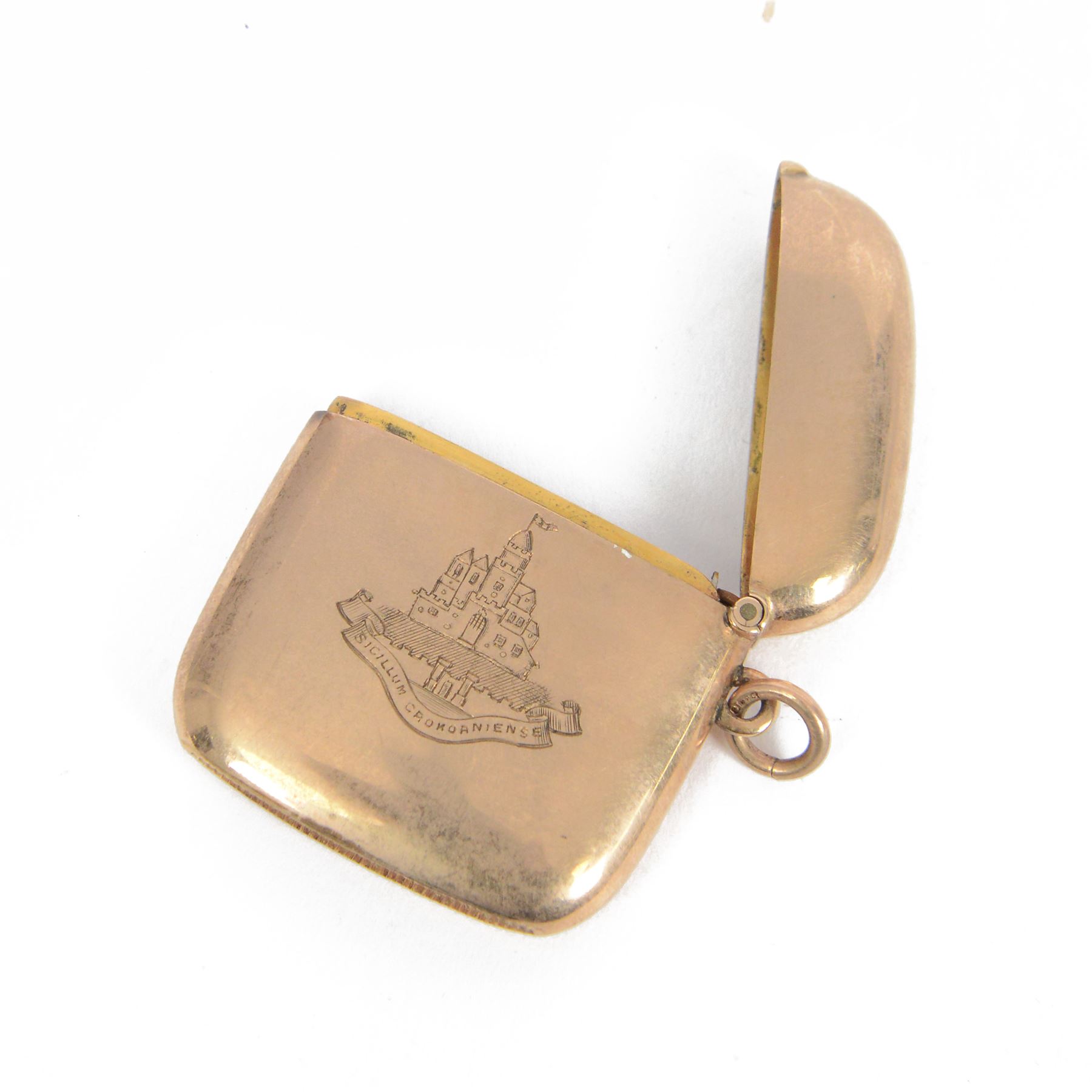 Edwardian 9ct gold vesta case, engraved with castle to one side and monogram to the other, hallmarked Chester 1906, H4.5cm
