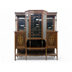 Victorian hardwood and inlaid display cabinet, central breakfront glazed display with astr...