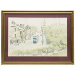 Peter Lapish (British 1937-): Tram on a Leeds Street, watercolour signed 35.5cm x 54cm