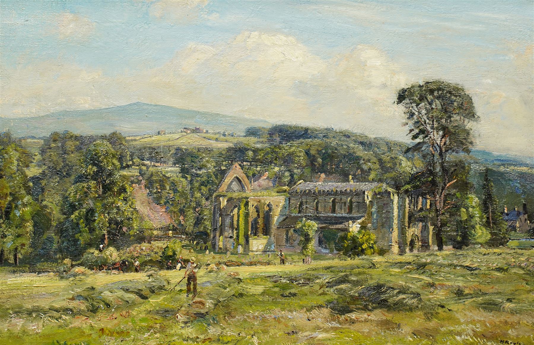 Herbert F Royle (British 1870-1958): Haymaking at Bolton Abbey, oil on canvas signed 39cm x 59cm in quality heavy gilt frame