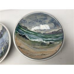 Highland Stoneware Scotland, decorated with landscapes and seascapes, comprising of two bowls, plate and two covered trinket boxes 