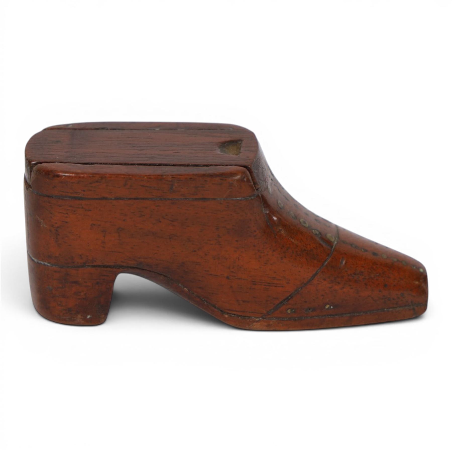 Two 19th Century treen novelty snuff boxes modelled as shoes, both with pinwork decoration, H4cm