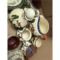 Collection of Torquay and similar Motto ware, including jugs, candlesticks, twin handled mug etc 