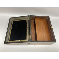 Victorian mahogany writing slope, the brass bound hinged cover opening to reveal tooled leather and gilt interior with two glass inkwells, together with a similar parquetry inlaid writing slope, with central mother of pearl inlay enrgraved 'Sarah', tallest H17cm 
