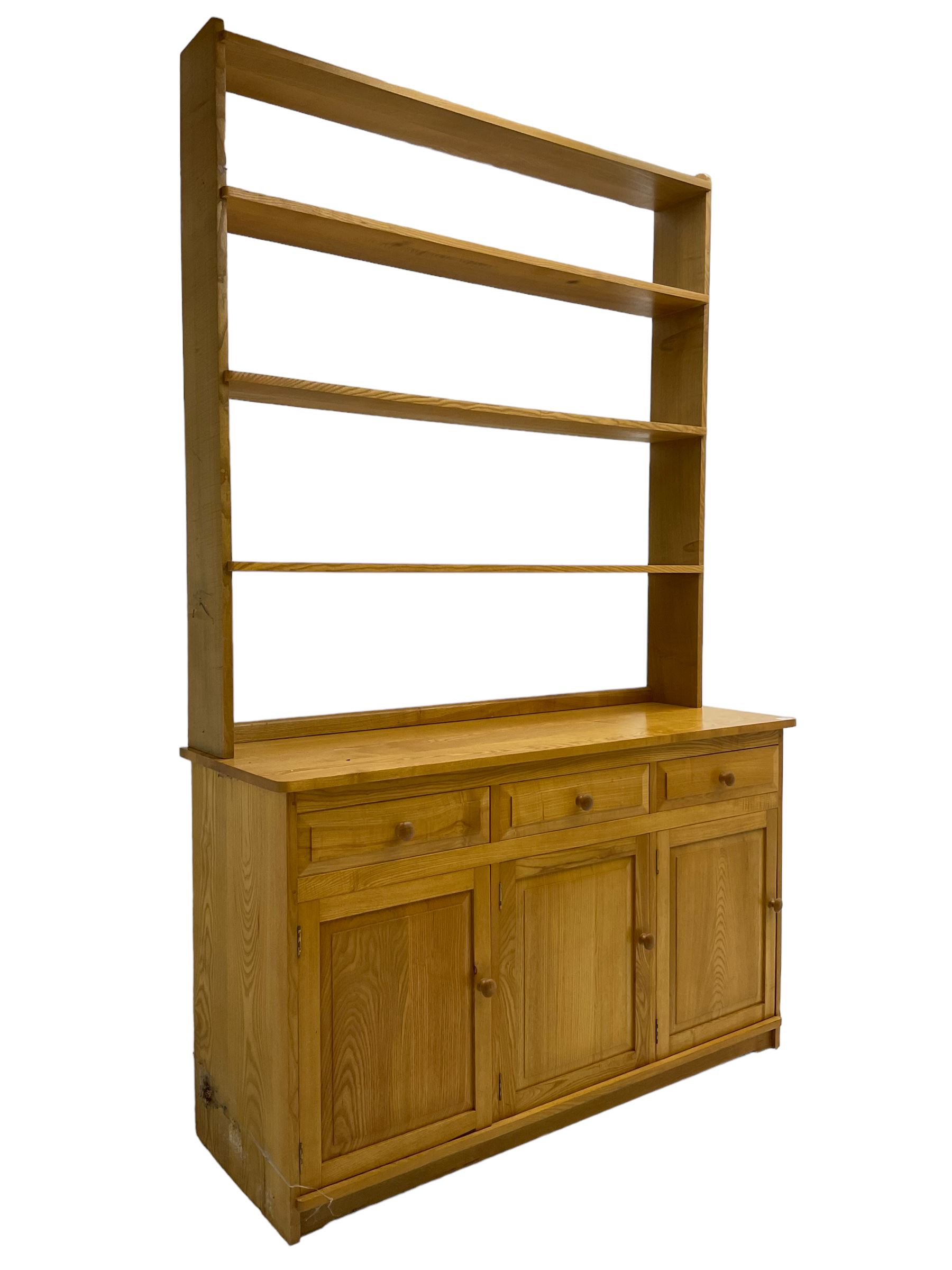 Treske - ash dresser, raised three height plate rack over three drawers and three panelled cupboards