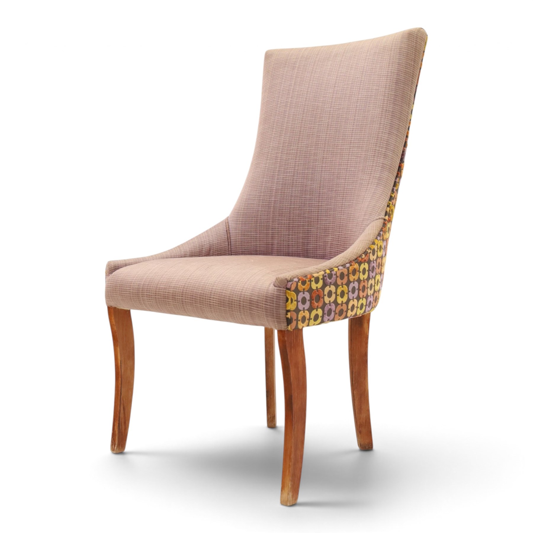 Barker & Stonehouse - set of four upholstered dining chairs, brown upholstery and multi-coloured geometric design, raised on tapering legs