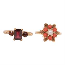 Gold coral and pearl ring and a gold three stone garnet ring, both hallmarked 9ct