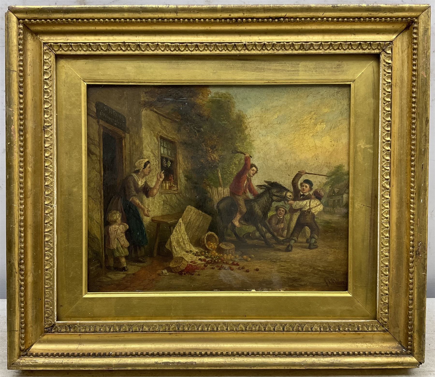John Anthony Puller (British 1799-1886): The Stubborn Donkey outside 'S Brown's Greengrocer', oil on canvas signed 19cm x 24cm 