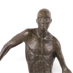 Modernist School (mid-20th century) - bronze cast sculpture depicting a blind man resting on a stand, holding a book and cane with braille detail, signed Lei, dated 2000 and edition 13 H33cm