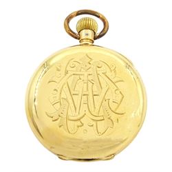 19th / early 20th century 18ct gold half hunter keyless lever pocket watch, white enamel dial with Roman numeral hour markers and subsidiary seconds dial, back case with monogramed initials, stamped 18K with Helvetia hallmark