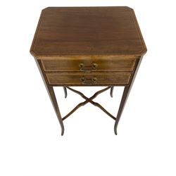 Edwardian mahogany side or lamp table, the canted rectangular top with satinwood band and boxwood stringing, fitted with two drawers, square tapering supports terminating at splayed feet joined by shaped x-framed stretchers