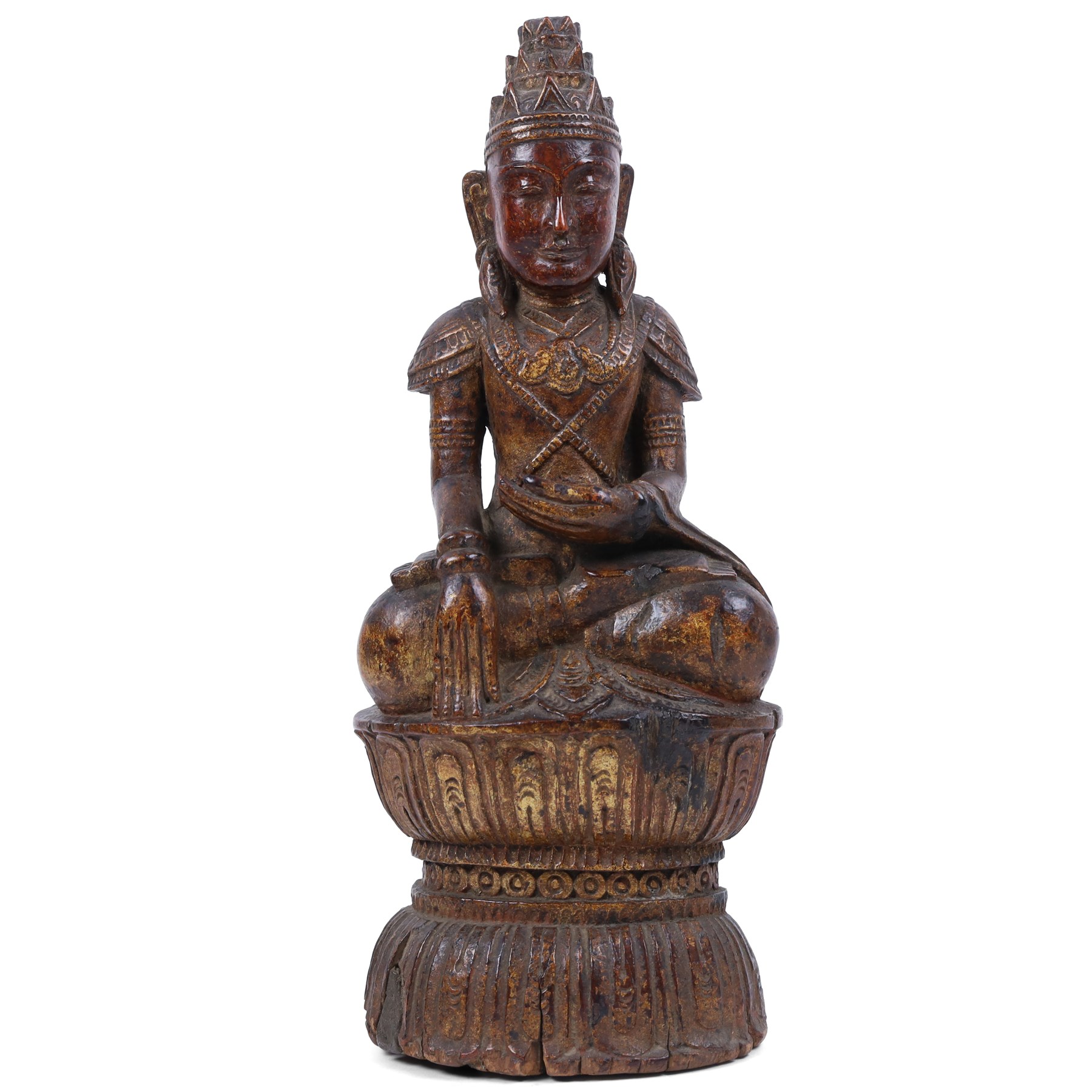 Late 18th century, carved wooden buddha, seated cross legged on a lotus base, with traces of original painted decoration, H35cm 