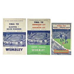 Three F.A. Cup Final programmes at Wembley - 1952 Arsenal v Newcastle United played on May 3rd; 1953 Blackpool v Bolton Wanderers on May 2nd, the famous Stanley Matthews final, who scored a match winning hat-trick; and 1956 Birmingham City v Manchester City on May 5th, the famous Bert Trautmann final where he carried on playing with a broken neck (3)