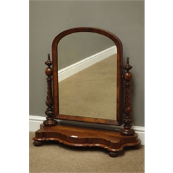  Victorian mahogany dressing table mirror, serpentine front with turned twist supports, W77cm, H78cm  