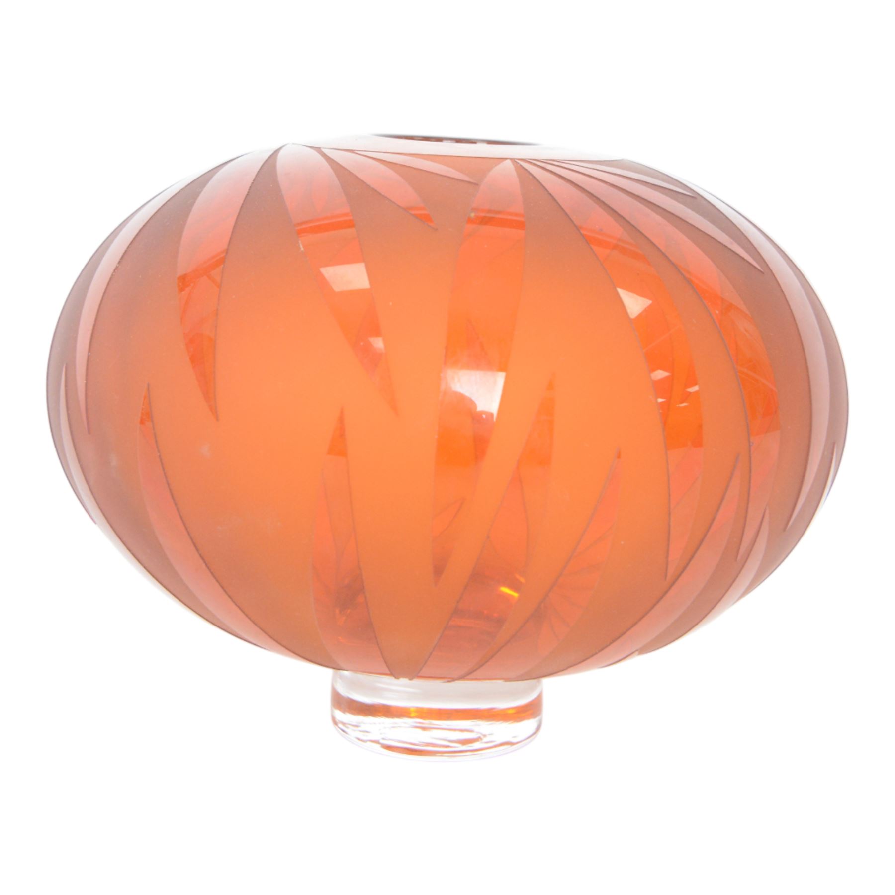 Limited edition Gillies Jones of Rosedale glass vase, of compressed spherical form decorated with clear red leaves against a frosted ground, upon a clear circular foot, signed and numbered beneath, 04/153, H14cm