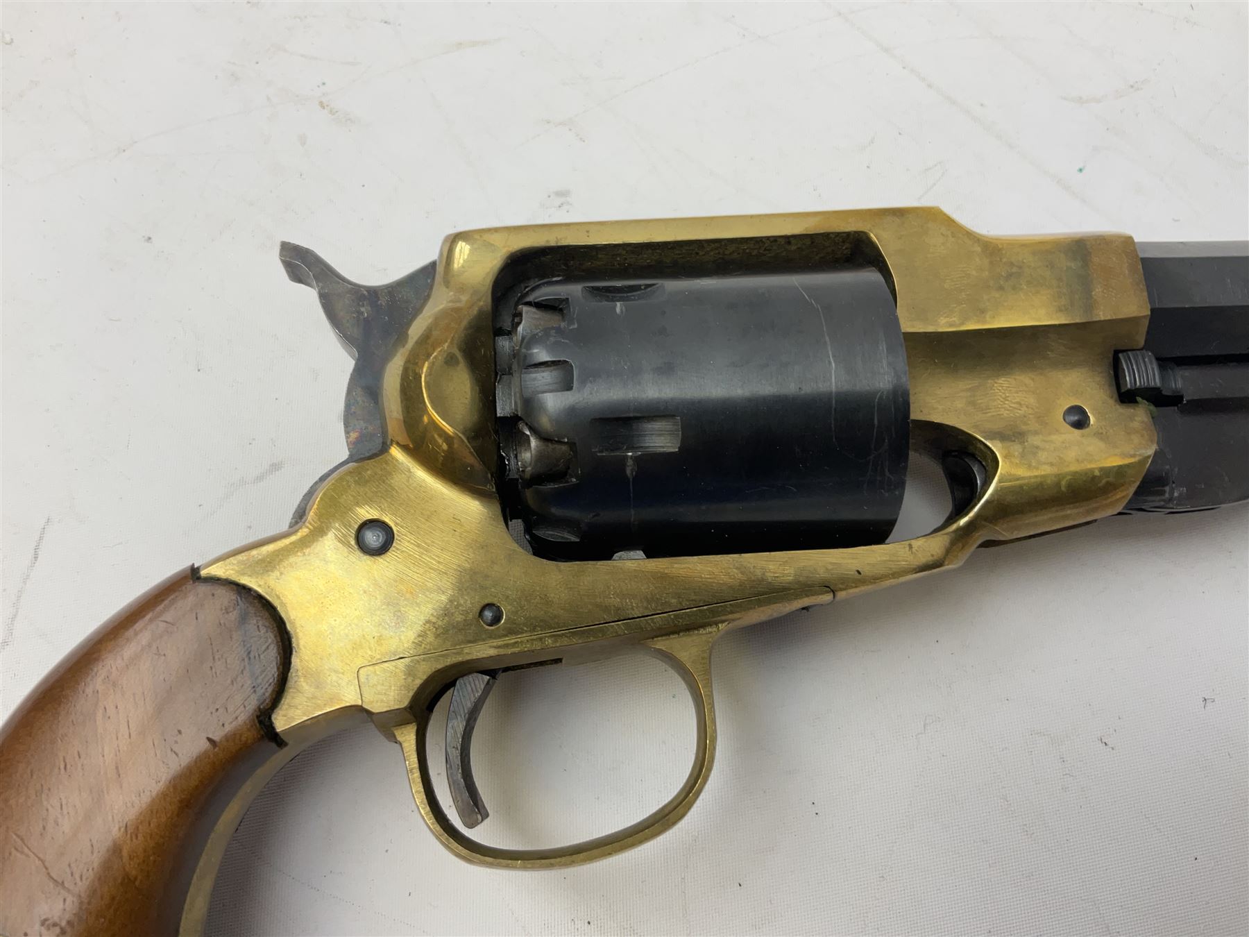 REGISTERED FIREARMS DEALER ONLY Modern Remington .44 calibre percussion brass framed army revolver, possibly by Uberti, with 16cm octagonal barrel, No.225; partially deactivated to old specification with no certificate L36cm overall - Disposed 25.06.25 - Notified 24.07.25
