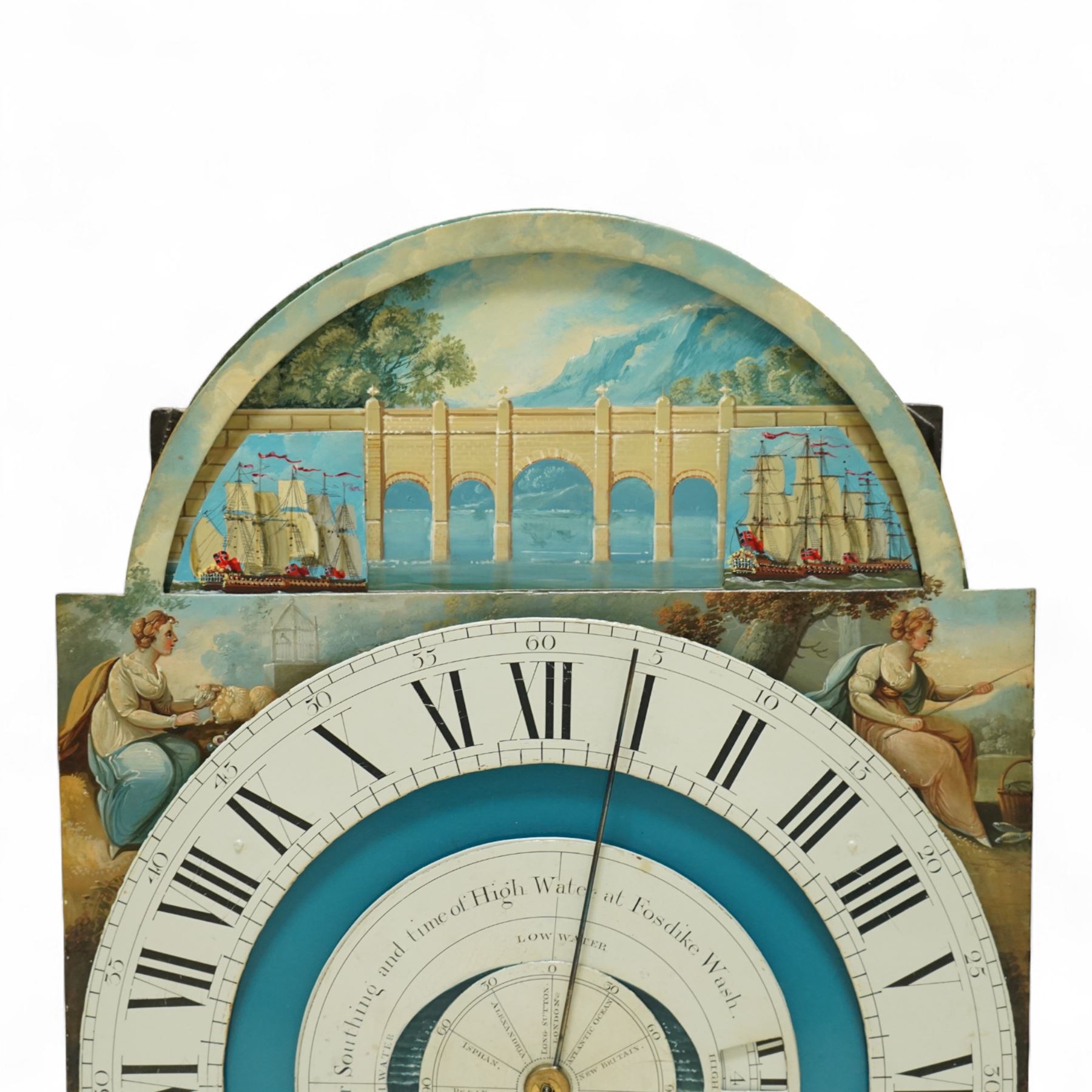 Thomas Emberson of Long Sutton (Lincolnshire) - Early 19th century longcase clock c1810 with a 30hr movement and an exceptionally rare 24-hour painted dial, housed in an ebonised Pine case with a flat pediment and break arch hood door, glazed side panels and turned pilasters with brass Corinthian capitals, trunk with a long door and conforming break arched top raised on a stepped plinth, fully painted dial with painted spandrels representing the four seasons and an operating automata depiction of ships at sea, rising and falling with the time of high and low water to the arch, with a 24-hour chapter with Roman numerals, five minute Arabic's, minute and inner quarter hour tracks, steel radial minute hand and image of the sun recording the hours, secondary inner dial illustrating the phases of the moon and lunar calendar recording the date and times of high and low water at Fosdike Wash (Lincolnshire), with an adjustable circular disc to the centre giving the times of high water at seven other locations including the Northern Pacific Ocean, dial attached to a countwheel striking chain driven movement, sounding the hours on a bell. With weight and pendulum.
Thomas Emberson is recorded not as a clockmaker but a machine maker from Long Sutton. This clock is also thought to have originally contained a musical movement, now removed, and was clearly an individual project possibly based on an earlier clock by John Ferguson illustrated in 